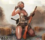  absurdres artist_name belt breasts bulletproof_vest cleavage crate dark_skin energy_drink finger_gun_to_head fingerless_gloves frying_pan gas_mask gloves gun highres kneeling medium_breasts no_bra one_eye_closed original outdoors playerunknown's_battlegrounds pouch rubble shiny shiny_skin short_shorts shorts shotgun shotgun_shells thigh_strap thighs vana weapon white_hair yellow_eyes 