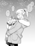  alternate_costume blush breath coat commentary cowboy_shot eating fate/grand_order fate_(series) from_side fujimaru_ritsuka_(female) greyscale hug hug_from_behind long_sleeves mitsuya_bonjin monochrome mordred_(fate) mordred_(fate)_(all) multiple_girls open_mouth pantyhose pocket ponytail shared_clothes shared_coat skirt snowing translated yuri 