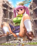  1boy 1girl breasts destruction fallen_down giantess gox large_breasts pantyshot pink_hair sad school school_uniform size_difference twintails 