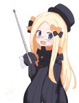  :d abigail_williams_(fate/grand_order) bangs black_bow black_dress black_hat blonde_hair blue_eyes blush bow commentary_request dress fate/grand_order fate_(series) forehead glasses hair_bow hat highres holding kujou_karasuma long_hair long_sleeves open_mouth orange_bow parted_bangs pointer signature simple_background sleeves_past_fingers sleeves_past_wrists smile solo very_long_hair white_background 