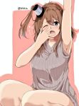  amu_(258shin) armpits blue_eyes brown_hair hair_between_eyes kantai_collection long_hair looking_at_viewer ponytail ribbed_sweater saratoga_(kantai_collection) side_ponytail sleeveless solo sweater sweater_vest waking_up yawning 