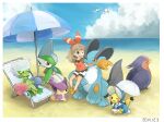  1boy 2girls beach beach_chair beach_umbrella bonnet border brown_hair commentary_request cosplay_pikachu dated delcatty gallade konanbo may_(pokemon) multiple_girls one_eye_closed open_mouth outdoors parasol pikachu pikachu_belle pokemon pokemon_(creature) pokemon_oras ramune red_shirt roserade shirt shorts swampert swellow umbrella white_border white_shorts wingull 