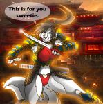 2014 anthro armor bandai_namco big_breasts blue_eyes bottomwear breasts brown_hair canid canine canis clothing digital_media_(artwork) english_text female fur grey_body grey_fur hair katana mammal melee_weapon multicolored_body multicolored_fur navel nipple_outline solo sophia_(xxsparcoxx) soul_calibur speech_bubble sword taki_(soul_calibur) text topwear two_tone_body two_tone_fur weapon white_body white_fur wolf xxsparcoxx
