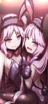  ;d absurdres animal_ears bad_id bad_twitter_id bangs bare_shoulders black_legwear blush breasts bunny_ears bunny_girl bunny_tail bunnysuit cleavage commentary_request euryale eyebrows_visible_through_hair fake_animal_ears fate/grand_order fate/hollow_ataraxia fate_(series) fur-trimmed_gloves fur_trim gloves hairband head_tilt highres index_finger_raised leotard long_hair looking_at_viewer looking_to_the_side multiple_girls one_eye_closed open_mouth pantyhose parted_lips purple_eyes purple_gloves purple_hair purple_hairband purple_legwear sitting sketch small_breasts smile stheno strapless strapless_leotard tail very_long_hair wada_kazu wariza 