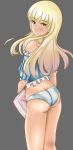  absurdres ass blonde_hair blue_panties blush butt_crack glasses grey_background highres long_hair looking_at_viewer looking_back mckawaii panties perrine_h_clostermann pillow simple_background smile solo strike_witches underwear world_witches_series yellow_eyes 