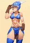  1girl abs absurdres armlet armor bare_shoulders belt bikini_armor blue_armor breasts brown_eyes brown_gloves brown_hair daisy_(dq) damos_(child_flame) dragon_quest dragon_quest_yuusha_abel_densetsu fake_horns gloves helmet highres horned_helmet horns jewelry long_hair looking_at_viewer muscular muscular_female simple_background solo thighhighs 