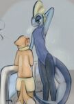 ambiguous_gender anthro big_tail blush buizel clothing duo flustered footprint generation_4_pokemon generation_8_pokemon hi_res inteleon larger_ambiguous leaning looking_up miii_cho musk musk_clouds nintendo one-piece_swimsuit pokemon pokemon_(species) raised_arm size_difference slim swimwear tail tail_motion tailwag tall teasing wet wet_clothing