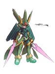  1boy adapted_costume android capcom full_body harpuia helmet holding_weapon inti_creates japanese_texte red_eyes rockman rockman_zero simple_background solo text tonami_kanji weapon white_background wings 