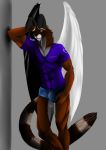  anthro bulge clothed clothing feathered_wings feathers front_view fully_clothed hi_res hybrid lagomorph male mammal muscular muscular_male rabbit skyeder0 smile solo standing tight_clothing wings 