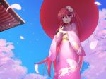  blue_sky cherry_blossoms day eyebrows_visible_through_hair flower from_below hair_flower hair_ornament highres japanese_clothes kimono long_hair looking_at_viewer ohlia open_mouth oriental_umbrella outdoors petals red_eyes red_hair shakugan_no_shana shana sky solo standing umbrella 