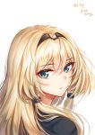  an-94_(girls_frontline) artist_name baek_hyang bangs blonde_hair blue_eyes blush braid character_name closed_mouth eyebrows_visible_through_hair from_behind girls_frontline hair_between_eyes hair_over_shoulder hair_ribbon hairband highres jacket long_hair looking_at_viewer looking_back portrait ribbon sidelocks simple_background solo tress_ribbon white_background 