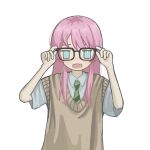  1girl adjusting_eyewear bang_dream! bang_dream!_it&#039;s_mygo!!!!! blue_eyes chihaya_anon chuchu_(uglydog_zip) collared_shirt commentary_request fang glasses highres jitome long_hair necktie open_mouth pink_hair school_uniform shirt short_hair skin_fang solo striped_necktie sweater_vest upper_body 