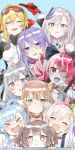  >_< 6+girls absurdres ahoge airani_iofifteen animal_ears anya_melfissa arm_up asymmetrical_sidelocks ayunda_risu bare_shoulders bell black_choker blonde_hair blue_background blue_eyes blue_gemstone blue_hair blunt_bangs blush bow braid braided_bangs brown_hair cat_ear-shaped_hair center-flap_bangs choker closed_eyes double-parted_bangs double_bun earrings everyone eyewear_on_head facing_viewer gem gloves gradient_eyes gradient_hair green_eyes grey_eyes hair_between_eyes hair_bow hair_bun hair_ornament hairband hairpin heterochromia highres hololive hololive_indonesia jacket jewelry jitome kaela_kovalskia kobo_kanaeru kureiji_ollie long_hair looking_at_viewer medium_hair moona_hoshinova multicolored_eyes multicolored_hair multiple_girls neck_bell one_side_up open_mouth paint_splatter paint_splatter_on_face parted_bangs pavolia_reine polka_dot_hairband purple_eyes purple_hair red_gloves red_hair red_hairband short_hair sketch skin_tight smug squirrel_ears stitched_face stitches streaked_hair teeth triangle_mouth two-tone_hair two_side_up upper_teeth_only v vestia_zeta virtual_youtuber white_hair white_jacket yori_171018 zombie 