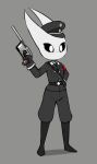 3_fingers anthro armband arthropod bad_trigger_discipline black_sclera blush boots breasts clothing e254e eyelashes female fingers footwear gun handgun hat headgear headwear hi_res holding_object holding_ranged_weapon holding_weapon hollow_knight horn hornet_(hollow_knight) mauser_c96 military_cap nazi nazi_uniform necktie pistol ranged_weapon schutzstaffel shoes small_breasts solo team_cherry weapon