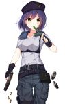  blue_hair breasts bullet commentary_request cosplay gloves gun hat highres jill_valentine jill_valentine_(cosplay) medium_breasts nijisanji resident_evil shell_casing shiny shizuka_rin short_hair taiyaki_(astre) weapon 