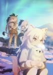  aardwolf_(kemono_friends) aardwolf_ears aardwolf_tail absurdres animal animal_ears arctic_fox_(kemono_friends) black_hair blonde_hair blue_sky capelet commentary dog extra_ears fox_ears fox_tail fur_trim giraffe_ears giraffe_horns giraffe_print giraffe_tail gjkdyu highres kemono_friends long_hair magnifying_glass multicolored_hair multiple_girls outdoors ponytail print_legwear print_scarf print_skirt reticulated_giraffe_(kemono_friends) scarf shared_scarf shorts skirt sky standing tail two-tone_hair white_hair 