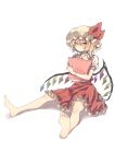  1girl absurdres barefoot blonde_hair blush closed_mouth collared_shirt commentary_request crystal crystal_wings ear_blush flandre_scarlet frilled_shirt_collar frilled_skirt frills hat hat_ribbon highres holding holding_pillow long_hair looking_at_viewer mob_cap multicolored_wings pillow pointy_ears pout puffy_short_sleeves puffy_sleeves red_eyes red_skirt red_vest ribbon seika_okawari shirt short_sleeves simple_background sitting skirt skirt_set soles solo toes touhou vest white_background white_hat wings 
