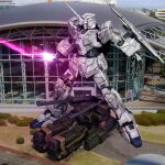  3d armored_personnel_carrier armored_vehicle building bush cannon commentary_request energy_sword glowing gundam gundam_unicorn hiropon_(tasogare_no_puu) loto mecha mecha_focus military_vehicle mobile_suit motor_vehicle no_humans photo_background realistic road robot science_fiction shield sword tank unicorn_gundam weapon window 