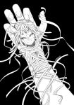  arm artist_name black_background black_sclera chest_jewel commission eudetenis forehead_jewel greyscale hands highres looking_at_viewer monochrome monster_girl original smile wrapped_up 