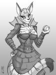  2018 anthro big_breasts breasts cat cleavage clothed clothing corset dress fat_tat_cat_(ready_player_one) feline female futuristic heresy_(artist) lingerie mammal monochrome ready_player_one sketch stripes 