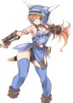  1girl armlet armor bare_shoulders belt black_panties blue_armor breasts brown_eyes brown_gloves brown_hair cleavage closed_mouth daisy_(dq) dragon_quest dragon_quest_yuusha_abel_densetsu fake_horns garnet.planet gloves groin helmet highres holding holding_sword holding_weapon horned_helmet horns jewelry long_hair looking_at_viewer panties simple_background skirt smile solo sword thighhighs underwear weapon white_background 