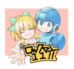  1boy 1girl bangs blonde_hair blue_eyes blue_gloves border bow child clenched_hand closed_eyes commentary_request copyright_name gloves hair_bow hair_ornament helmet high_ponytail hood hood_down hoodie open_mouth ponytail rockman rockman_(character) rockman_(classic) rockman_11 roll sidelocks smile text_focus tobitori 