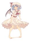  1girl absurdres ascot back_bow barefoot bat_wings blue_hair blush bow brooch commentary_request ear_blush fang full_body green_brooch hat hat_ribbon highres jewelry looking_at_viewer mob_cap open_mouth puffy_short_sleeves puffy_sleeves red_ascot red_bow red_eyes remilia_scarlet ribbon seika_okawari short_sleeves simple_background skin_fang solo toes touhou white_background wings 