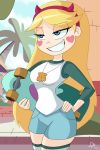  1girl blonde_hair blue_eyes blush_stickers breasts hand_on_hip heart holding horned_headwear horns long_hair necklace shell skateboard sky smile solo star_butterfly star_vs_the_forces_of_evil 