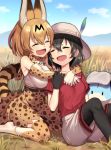  :d ^_^ animal_ears bag bare_shoulders black_hair blonde_hair bow bowtie closed_eyes elbow_gloves eyebrows_visible_through_hair feathers gloves hand_on_another's_arm hat helmet hug hug_from_behind kaban_(kemono_friends) kemono_friends lucky_beast_(kemono_friends) minami_ikkei multicolored_hair multiple_girls open_mouth pantyhose pith_helmet seiza serval_(kemono_friends) serval_ears serval_print serval_tail shirt short_hair shorts sitting skirt smile t-shirt tail thighhighs 