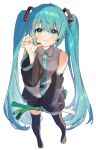  1girl :3 aqua_eyes aqua_hair aqua_necktie aqua_trim bare_shoulders black_skirt black_sleeves black_thighhighs blush closed_mouth collared_shirt detached_sleeves food full_body grey_shirt hair_ornament hand_up hashtag-only_commentary hatsune_miku highres holding holding_food holding_spring_onion holding_vegetable long_hair necktie pleated_skirt shirt simple_background skirt sleeveless sleeveless_shirt smile solo spring_onion standing thighhighs twintails uminokaisen vegetable very_long_hair vocaloid white_background 