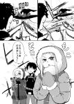  2girls :&gt; :d abigail_williams_(fate/grand_order) absurdres ass bangs blush bow closed_eyes closed_mouth cold comic dress eyebrows_visible_through_hair fate/grand_order fate_(series) fujimaru_ritsuka_(male) fur-trimmed_hood fur-trimmed_jacket fur-trimmed_sleeves fur_trim glasses gloves greyscale hair_over_one_eye hat hat_bow highres hood hood_up hooded_jacket jacket long_hair long_sleeves mash_kyrielight mittens monochrome multiple_girls open_mouth own_hands_together panties pants parted_lips polar_chaldea_uniform polka_dot polka_dot_bow revealing_clothes shii_(seaside720) short_hair short_sleeves sidelocks smile sweat topless translation_request underwear v-shaped_eyebrows very_long_hair wind winter_clothes witch_hat 