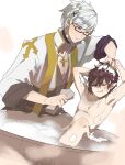  2boys anger_vein arch_bishop_(ragnarok_online) arms_up bath black-framed_eyewear black_coat blush brown_hair coat commentary_request cropped_jacket datenshi_no_fu despair_god_morroc feet_out_of_frame glasses grey_hair hair_ornament highres jacket long_sleeves looking_at_another male_focus multiple_boys one_eye_closed pointy_ears ragnarok_masters ragnarok_online short_hair soap_bubbles white_hair white_jacket x_hair_ornament yaoi 