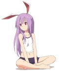  alternate_costume animal_ears bangs barefoot breasts bunny_ears crossed_legs hair_over_breasts leon_(mikiri_hassha) long_hair looking_to_the_side midriff moon_rabbit navel purple_hair red_eyes reisen_udongein_inaba simple_background singlet sitting small_breasts solo touhou white_background white_singlet 