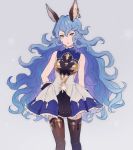 animal_ears bare_shoulders blue_skirt breasts brown_eyes brown_gloves bunny_ears commentary_request erune ferry_(granblue_fantasy) gloves granblue_fantasy grey_background highres jewelry long_hair medium_breasts o-ishi sideboob simple_background single_earring skirt solo wavy_hair 