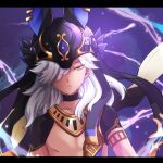  1boy animal_ears animal_ears_helmet animal_helmet closed_mouth cowboy_shot cyno_(genshin_impact) expressionless fake_animal_ears genshin_impact hair_over_one_eye jackal_ears letterboxed long_hair looking_at_viewer male_focus no_nipples orange_eyes oto_o10 purple_background shirt solo usekh_collar white_hair 