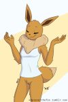  anthro bottomless clothed clothing eevee nelly_(whateverthefox) nintendo pok&eacute;mon pok&eacute;mon_(species) pussy raised_arm shirt shrug smile smirk standing tank_top video_games whateverthefox 