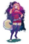  2018 4_toes aileas_(fossi3) anthro big_breasts blonde_hair blue_eyes breasts canine claws clothed clothing dog ear_piercing female golden_retriever gun hair hitmore mammal piercing ranged_weapon solo toes weapon 