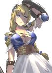  armor bangs blonde_hair blue_eyes braid breasts cleavage collarbone commentary cross-laced_clothes dress elbow_pads hair_ornament hand_up highres large_breasts long_hair multicolored multicolored_clothes multicolored_dress parted_lips shield shoulder_pads simple_background skirt solo sophitia_alexandra soulcalibur soulcalibur_vi sweat tea_(nakenashi) white_background white_skirt 