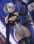  absurdres black_hairband blue_eyes boots breasts cellphone cleavage cleavage_cutout commentary_request derivative_work detached_sleeves elbow_gloves gloves hairband highres holding holding_phone holding_sword holding_weapon katana large_breasts leotard mole mole_under_mouth nier_(series) nier_automata no_blindfold no_pants phone pod_(nier_automata) seien_kai_nemu_boss self_shot silver_hair sword thigh_boots thighhighs thighhighs_under_boots weapon white_leotard yorha_no._2_type_b 