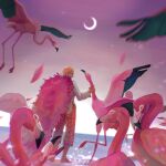 1boy barefoot beach bird blonde_hair capri_pants coat crescent_moon donquixote_doflamingo earrings evening feathers flamingo full_body highres jewelry leg_hair male_focus moon naowatan ocean one_piece outdoors pants pink_coat shirt short_hair smile standing sunglasses white_shirt 