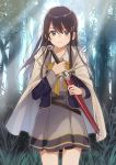  bangs black_hair blue_eyes booota cloak closed_mouth commentary_request cowboy_shot day forest hair_between_eyes hair_ornament hairclip hitoribocchi_no_isekai_kouryaku holding holding_sword holding_weapon long_hair looking_at_viewer nature outdoors sheath sheathed solo sword weapon 