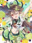  1girl ;d ahoge arm_up black_wings blueberry bow brown_hair commentary_request fang food food-themed_hair_ornament fruit green_bow green_skirt hair_between_eyes hair_ornament hairclip heart heart_hair_ornament kiwi_(fruit) kiwi_slice lime_(fruit) lime_hair_ornament lime_print lime_slice long_hair looking_at_viewer navel one_eye_closed open_clothes open_mouth open_shirt orange_(fruit) orange_hair_ornament orange_slice puffy_short_sleeves puffy_sleeves raspberry red_eyes reiuji_utsuho shirt short_sleeves signature skin_fang skirt smile solo stomach third_eye touhou toutenkou twitter_username watermark white_shirt wings x_hair_ornament 