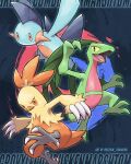  character_name claws closed_mouth combusken commentary grovyle highres kelvin-trainerk marshtomp no_humans open_mouth orange_eyes pokemon pokemon_(creature) pokemon_focus tongue twitter_username yellow_eyes 