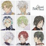  6+boys ahoge alternate_hair_length alternate_hairstyle black_eyes black_hair blonde_hair blue_eyes blue_hair brown_eyes chiron_(fate) choker closed_eyes dark-skinned_male dark_skin enkidu_(fate) eyeshadow fate/grand_order fate_(series) forehead_jewel green_eyes green_hair grey_background grey_hair hair_ornament highres iamkumaaa looking_at_viewer looking_to_the_side lord_el-melloi_ii makeup male_focus medium_hair merlin_(fate) multicolored_hair multiple_boys open_mouth portrait purple_eyes red_eyes red_hair scar scar_on_face scar_on_neck shi_huang_di_(fate) short_hair siegfried_(fate) simple_background smile tristan_(fate) two-tone_hair waver_velvet white_hair yan_qing_(fate) 