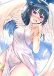  angel angel_wings armlet ayame_shino bad_id bad_pixiv_id bangs blue_hair blush bracelet covered_navel dress feathered_wings feathers halo hand_up highres jewelry long_hair looking_at_viewer love_live! love_live!_sunshine!! nose_blush open_mouth pelvic_curtain purple_eyes see-through side_bun solo thighlet tsushima_yoshiko white_dress white_feathers white_wings wings 
