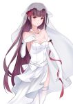  absurdres alternate_costume alternate_hairstyle arm_at_side arm_ribbon bangs blush breasts bridal_veil cleavage collarbone commentary_request dress elbow_gloves eyebrows_visible_through_hair flower girls_frontline gloves hair_flower hair_ornament hand_on_own_chest highres jewelry large_breasts long_hair looking_at_viewer misaki159123 open_mouth pendant purple_hair red_eyes ribbon sidelocks simple_background solo strapless strapless_dress thighhighs thighs veil very_long_hair wa2000_(girls_frontline) wedding_dress white_background white_gloves white_legwear 