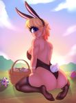  1_eye 2018 absurd_res basket breasts butt clothed clothing cloud cyclops digital_media_(artwork) easter easter_egg eyelashes fake_ears fake_rabbit_ears feet female hair hi_res holidays humanoid legwear looking_at_viewer monster_girl_(genre) multicolored_hair not_furry outside pointy_ears purple_eyes short_hair sky smile solo souladdicted two_tone_hair viviana_(souladdicted) 