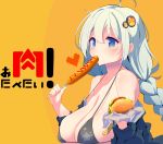  ahoge bangs bare_shoulders bikini black_bikini blue_eyes blush braid breasts cleavage collarbone eating eyebrows_visible_through_hair food hair_ornament hairpin hamburger heart highres holding holding_food ketchup kizuna_akari large_breasts long_hair long_sleeves mustard nitro_(mugityaoisii) off_shoulder orange_background print_bikini sausage shiny shiny_skin simple_background skindentation solo star star_print strap_gap swimsuit tareme twin_braids upper_body vocaloid voiceroid wrapper 