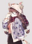  adjusting_eyewear animal_hood bangs blush booota braid breasts brown_hair cardigan closed_mouth commentary_request cover floral_print fringe_trim from_side glasses grey_background hood jacket long_hair looking_at_viewer medium_breasts open_cardigan open_clothes open_jacket original pig_tail plaid plaid_scarf purple_eyes red_scarf scarf simple_background smile solo tail twin_braids upper_body 