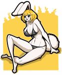  1girl bare_legs black_eyes blonde_hair bra breasts bunny_ears bunny_tail carrot_(one_piece) cleavage full_body fur hypfoo large_breasts looking_at_viewer monster_girl navel one_piece panties short_hair smile snout solo white_fur 